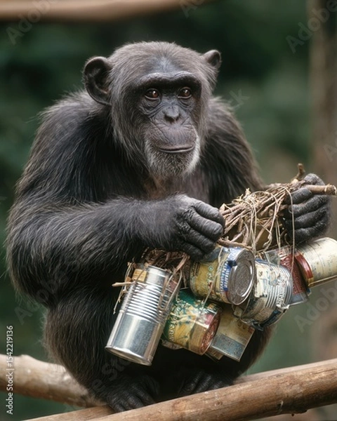 Fototapeta Chimpanzee Holding Cans with Twigs in Natural Habitat Close-Up