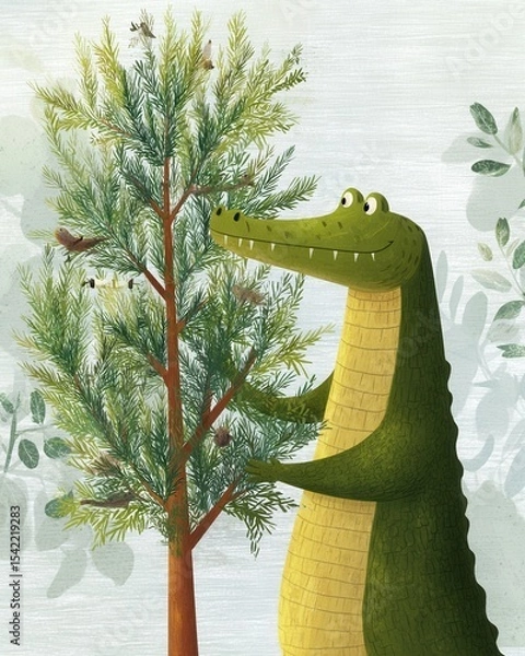 Fototapeta Playful Alligator with Tree in a Colorful Illustrated Scene