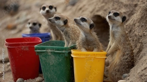 Fototapeta Group of Curious Meerkats Playing with Colorful Buckets in Sand