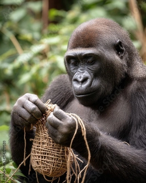 Fototapeta Thoughtful Gorilla Engaged in Crafting with Natural Materials