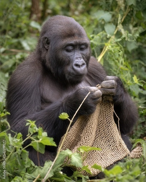 Fototapeta Gorilla Engaged in Crafting with Natural Material in Jungle Setting