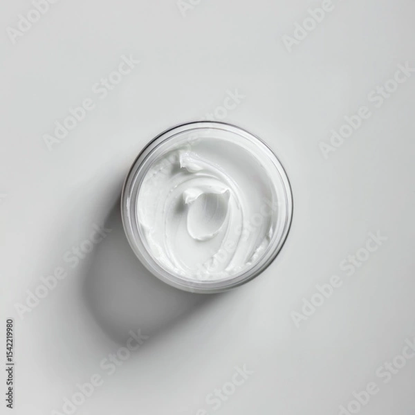 Fototapeta Minimalist top view of open skincare cream jar on white background.