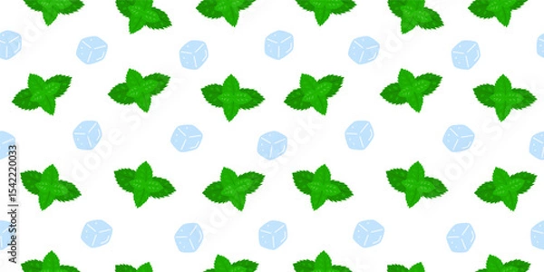 Fototapeta Simple seamless pattern with flat ice cubes and mint leaves. Fresh natural background.