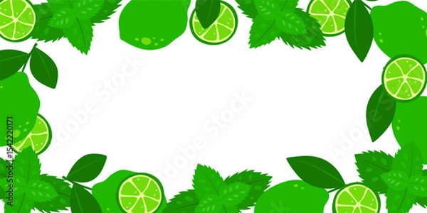 Fototapeta Horizontal background with mohito ingredients. Summer banner with mint and limes and empty space for text.