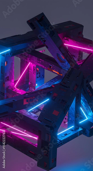 Fototapeta Neon Grunge Cyberpunk Structure: Abstract 3D Render