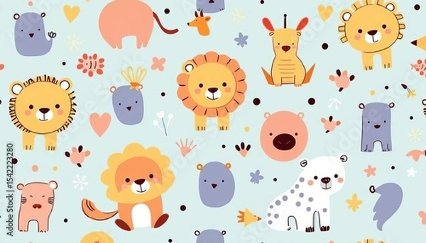 Obraz Abstract doodle pattern featuring cute baby animals Perfect for nursery textiles, bear, doodle