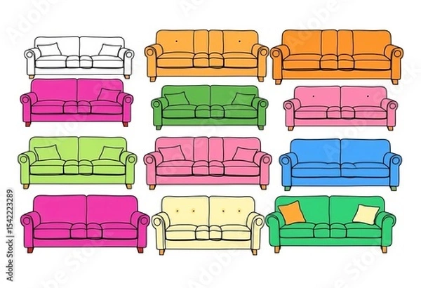 Obraz Clean line art illustration of various sofa and couch styles; isolated on white ,  room,  minimalist