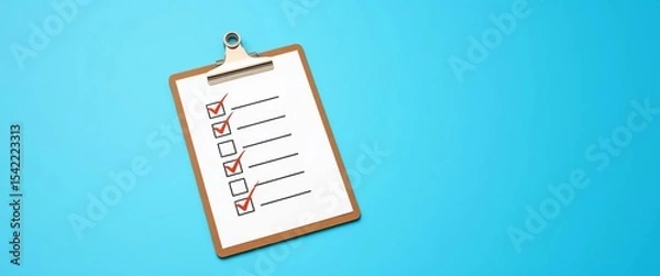 Obraz Checklist clipboard with check marks, flat icon style on blue background, illustration, check marks