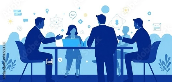 Obraz Abstract blue teamwork vector illustration with cooperation, support, project goals, networking, meeting, unity, collaboration icons,  unity,  team