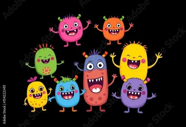 Obraz Cheerful tiny doodle monsters, colorful, hand-drawn, vector illustrations, isolated on black,  sweet,  illustration