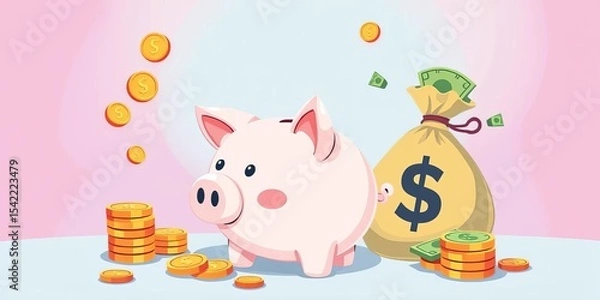 Obraz A whimsical illustration of a piggy bank, money bag, coins, and bills, representing financial themes,  bills,  design