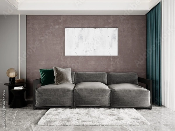 Fototapeta Mock up of creative living room with modern comfortable sofa and trendy decorative background, 3D rendering.