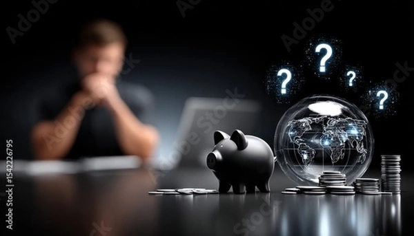 Fototapeta A pensive figure, piggy bank, and globe