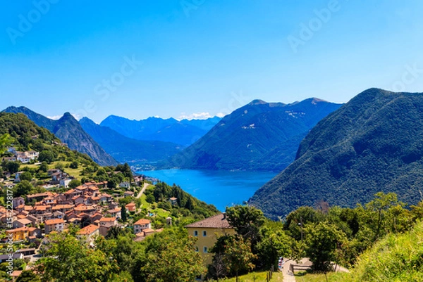 Obraz Scenic view of lake Lugano from Monte Bre mountain in Ticino canton, Switzerland