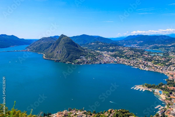 Obraz Scenic view of lake Lugano from Monte Bre mountain in Ticino canton, Switzerland