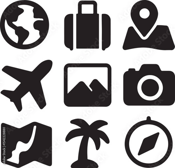 Fototapeta Travel and navigation icon set. Containing suitcase, airplane, globe, and location map symbols. Tourism, vacation, and global mobility silhouettes. Solid icon collection.