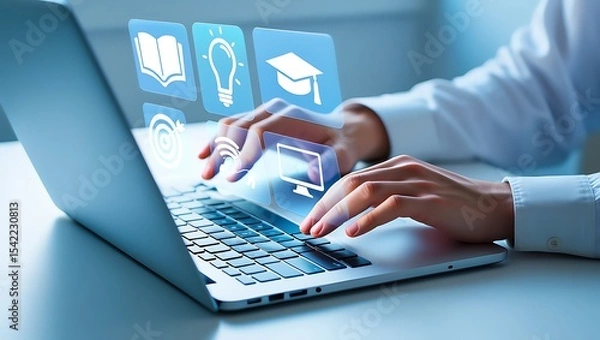 Fototapeta Person using laptop with online education icons