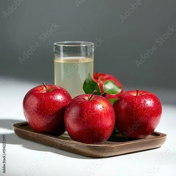 Fototapeta Fresh Red Apples with Juice in a Glass on Wooden Tray