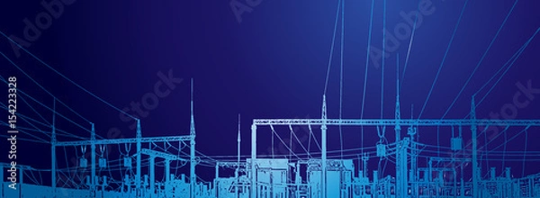 Obraz Vector contour silhouette. Substation, powerhouse. High-voltage line. Poles, cable
