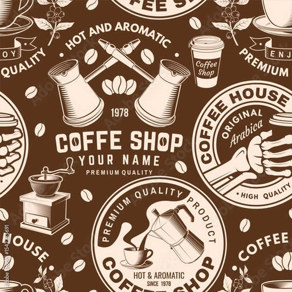 Fototapeta Coffee shop seamless pattern or background. Vector Seamless scene with paper coffee cup, branch of coffee tree, grinder silhouette. Coffee shop background for wallpaper or wrapper