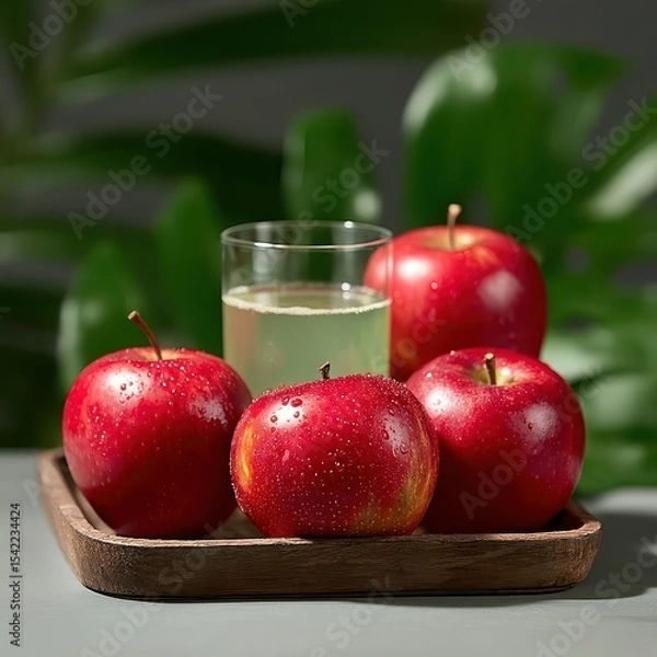Fototapeta Fresh Red Apples with Juice in a Wooden Bowl Surrounded by Leaves
