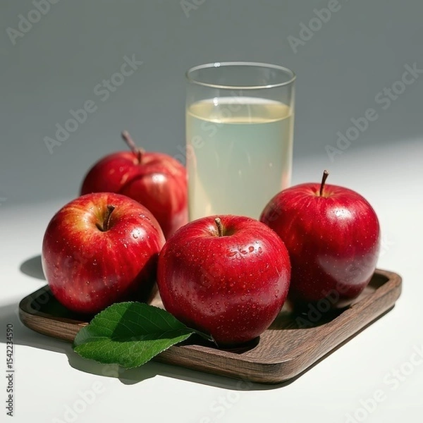 Fototapeta Fresh Red Apples and Clear Juice on Wooden Tray with Green Leaf