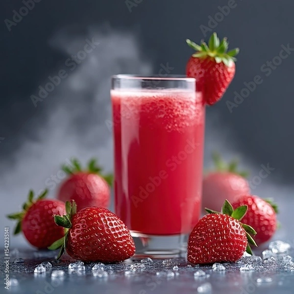 Fototapeta Fresh Strawberry Juice in Glass with Strawberries on Table