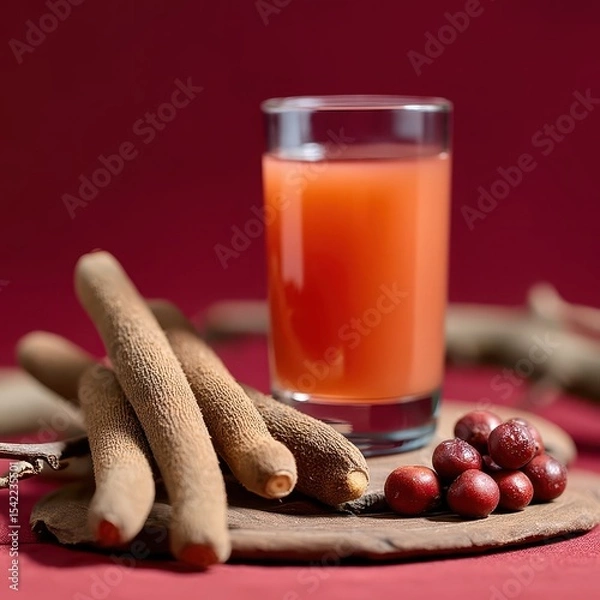 Fototapeta Refreshing Tamarind Drink in Glass with Fresh Green Pods and Seeds