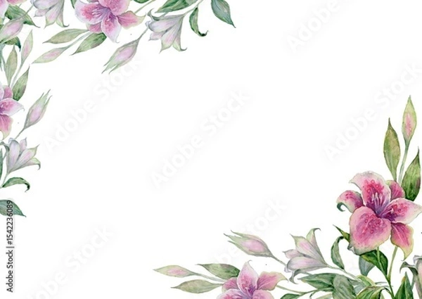 Fototapeta Soft watercolor pink and white lilies with green leaves on branches. Elegantly placed in corners on a vast white background. Floral design perfect for invitations, stationery, or digital backgrounds