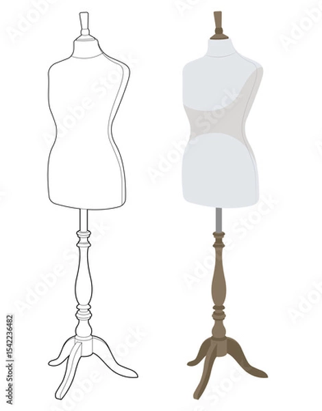 Fototapeta Set of two vintage female dress forms:  elegant line art style, and realistic vector design. Tailor mannequins for sewing and fashion, isolated on white background.