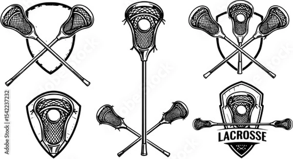 Fototapeta Lacrosse emblems, logos, badges templates. Set of 6 Lacrosse logos and 3 design elements. Lacrosse stick and ball isolated on white background. Lacrosse team vector emblems