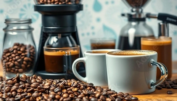 Obraz Close-up of various coffee beans, grinder, brewing equipment, and finished coffee drinks in mugs,  pour over,  coffee art