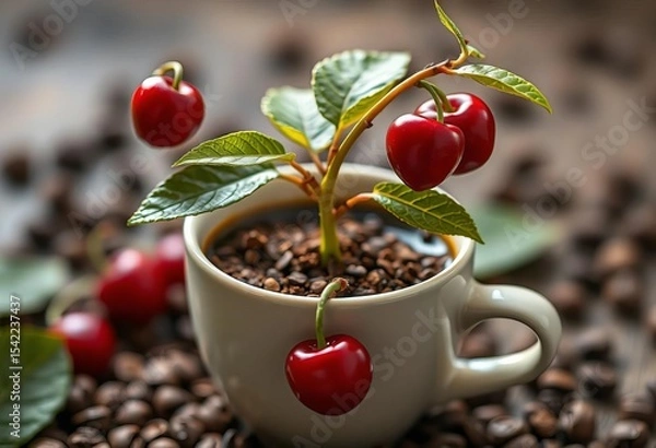 Obraz Coffee sprout with ripe cherries growing over a coffee cup,  aroma,  icon