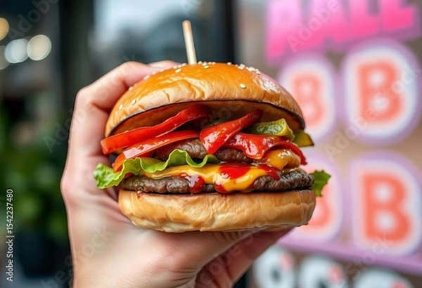 Obraz Close-up of a hand holding a juicy burger, mouthwatering detail, millennial aesthetic,  bun,  millennial