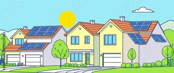 Obraz Clean vector line art of suburban homes with solar panels, showcasing green energy,  simple,  graphic