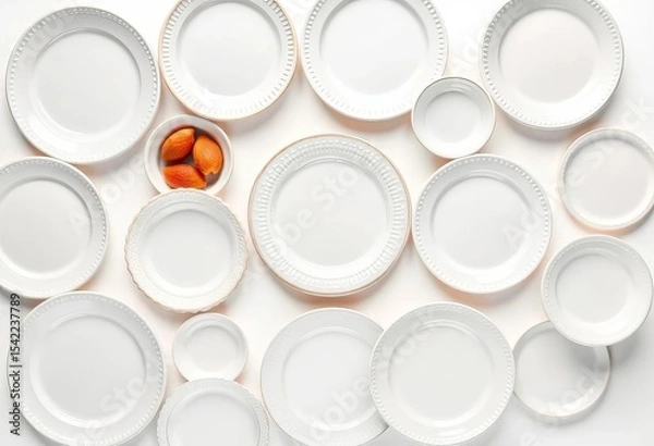 Obraz Collection of pristine white ceramic plates, top view Isolated on white background,   plate set,  dinnerware