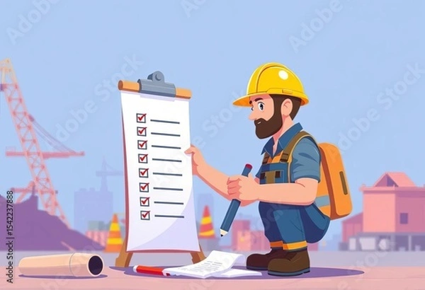 Obraz Construction worker's completed checklist, giant pencil, flat vector illustration,  deadline,  graphic