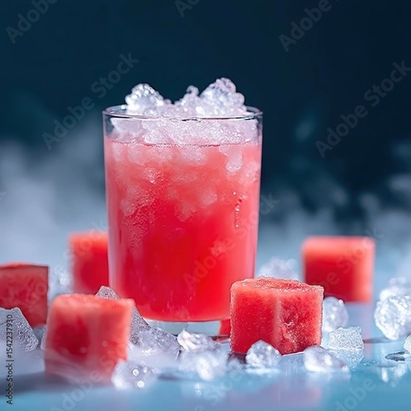 Fototapeta Refreshing Red Drink with Ice Cubes and Watermelon Chunks