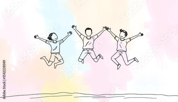 Fototapeta Continuous line drawing of three figures jumping, symbolizing friendship  ,  jump,  solidarity