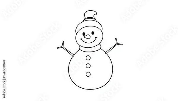 Obraz Continuous line drawing of a cute smiling snowman, simple black line art on white background , artwork, holiday