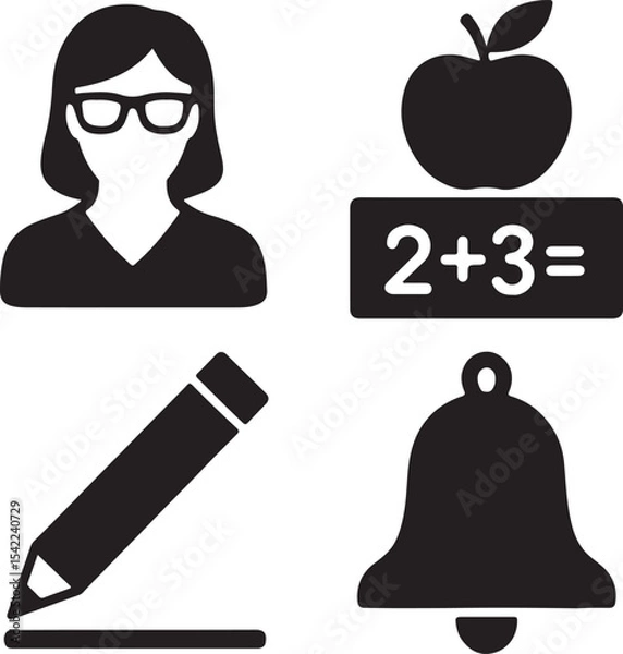 Fototapeta Online education icon set. Containing teacher avatar, school blackboard, apple, and textbook symbols. E-learning and digital education icons. Solid icon collection.