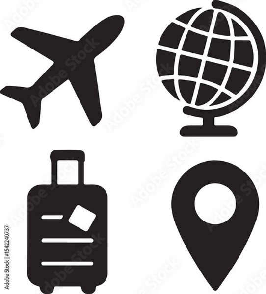 Fototapeta Travel and navigation icon set. Containing suitcase, airplane, globe, and location map symbols. Tourism, vacation, and global mobility silhouettes. Solid icon collection.