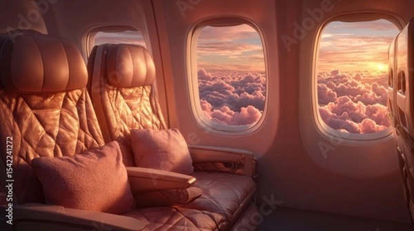 Fototapeta Luxurious airplane window view during golden sunset with soft pink clouds and empty leather seats perfect for premium travel promotions, airline advertising and dreamy flight experiences