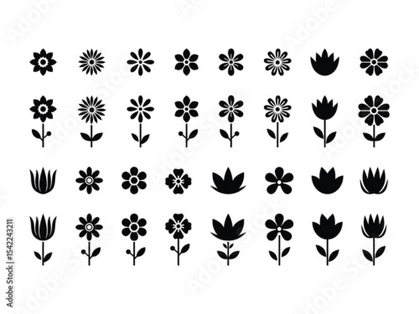 Fototapeta Flower Icon Set, Flat Floral Silhouette Vector Collection