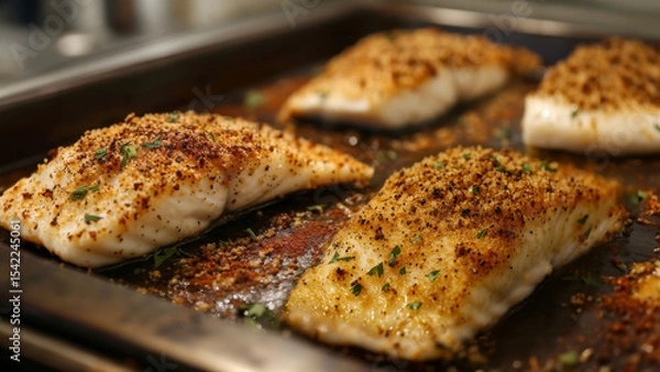 Obraz Golden-brown salmon fillets, baked to perfection with a crunchy herb crust.  A simple, delicious, and elegant meal.