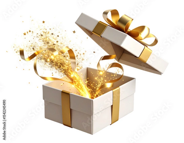 Fototapeta Exploding Gift Box with Flying Ribbons and Glitter, 3D Render Style, Transparent