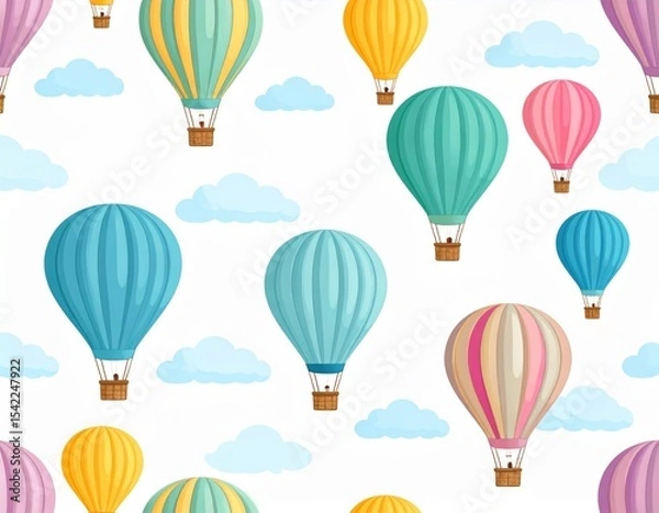 Obraz A delightful seamless pattern featuring colorful hot air balloons floating amidst fluffy white clouds, rendered in a bright and cheerful vector illustration style.