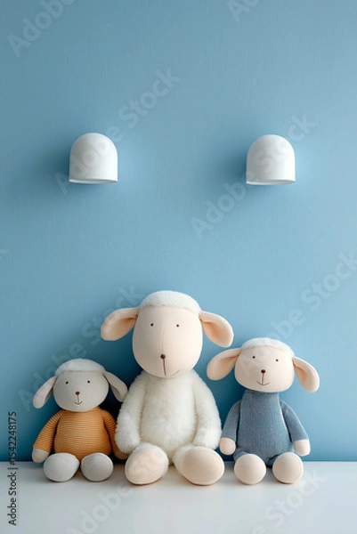 Fototapeta Three plush sheep toys in colorful sweaters sitting against a blue wall under modern white lights, creating a cozy and playful nursery vibe