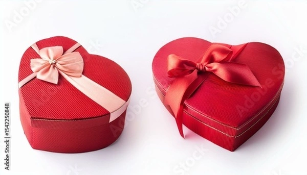 Fototapeta Two red heart-shaped gift boxes with ribbons