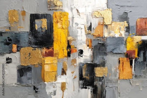 Fototapeta Abstract textured artistic geometric oil painting in black, grey and gold tones in boho style using palette knife